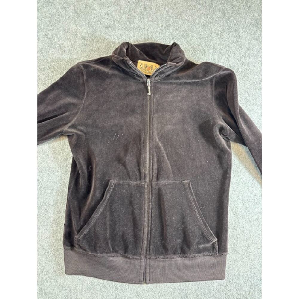 VTG Juicy Couture Velour Track Jacket Womens Medium Dark Gray Zip Up Mcbling Y2K